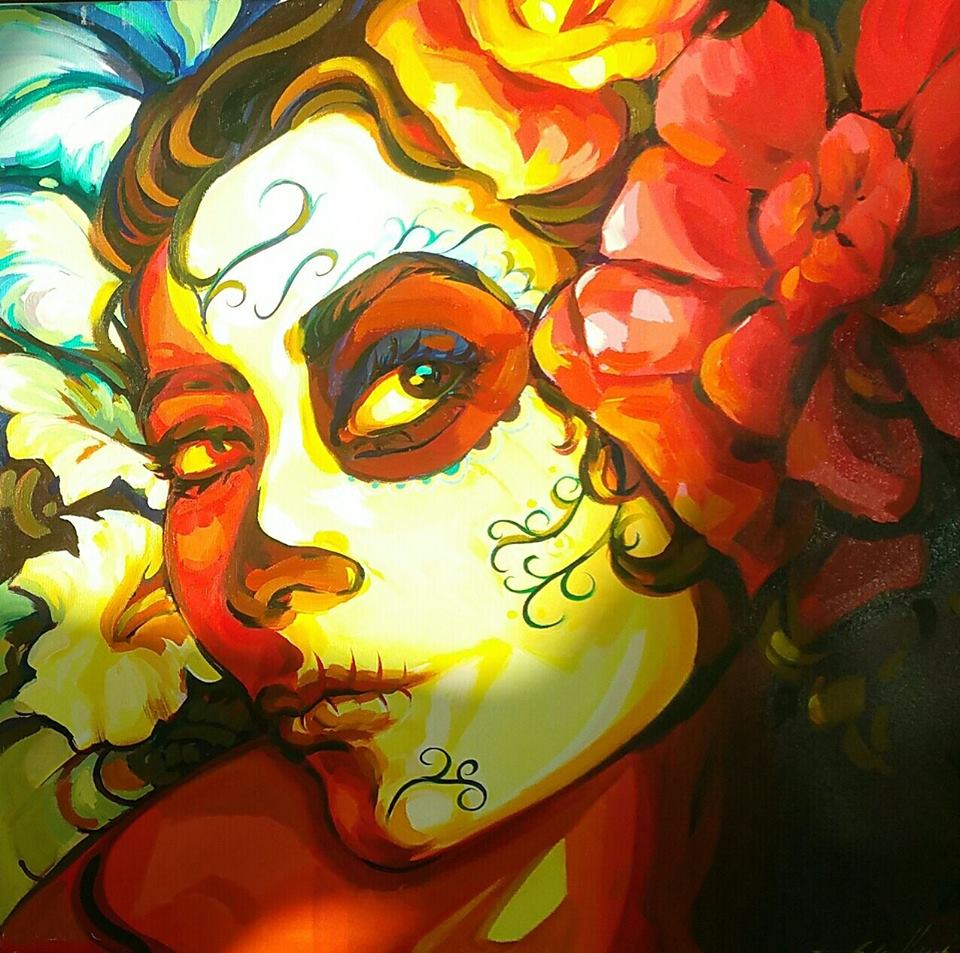 La Catrina skeleton figure painting, a colorful Day of the Dead illustration
