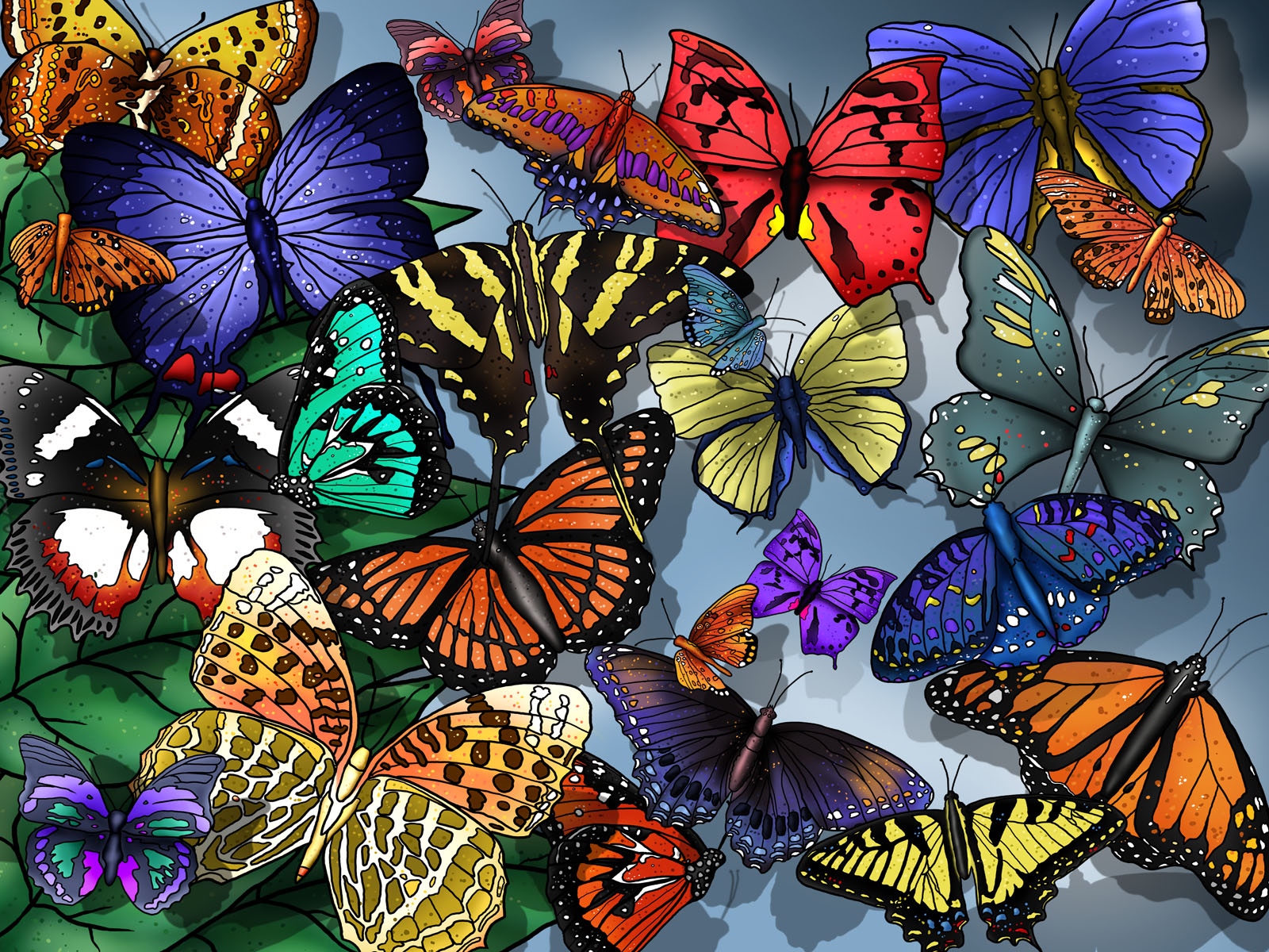 Drawing of all manner of colorful butterflies taking off from greenery